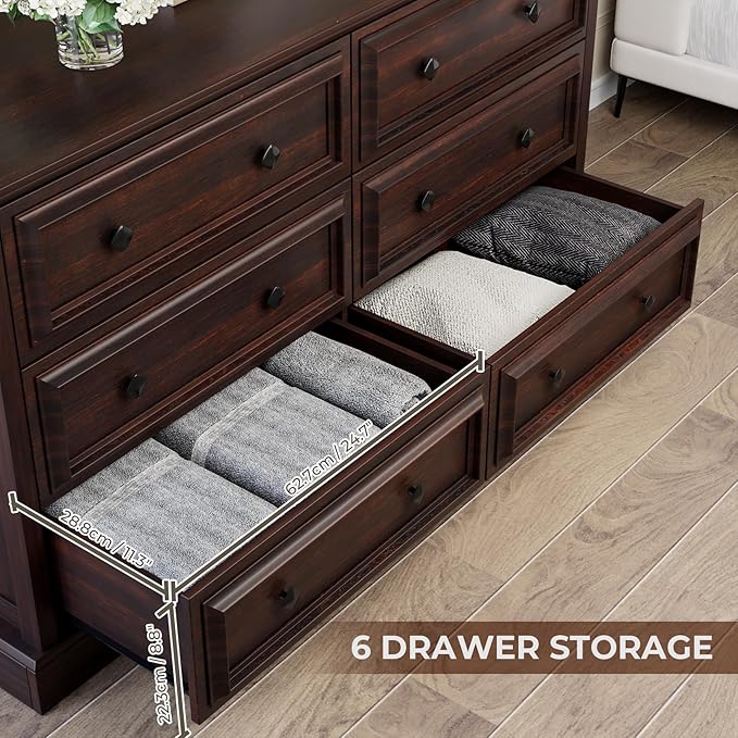 VVFLU Farmhouse 6 Drawer Dresser for Bedroom, 54" Wide Wood Dresser with Natural Texture, Rustic Chest of Drawers for Bedroom with Vintage Metal Hands, for Living Room, Hallway, Cherry