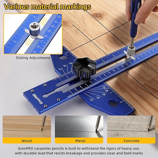 GRENPRO Woodworking Scriber Marking Line Ruler with Carpenter Pencil & Metal Ruler, Adjustable Aluminum Alloy Sliding T-Square Ruler, Measuring Angle Finder with Adjustment Scale,Drawing Aid Rule tool