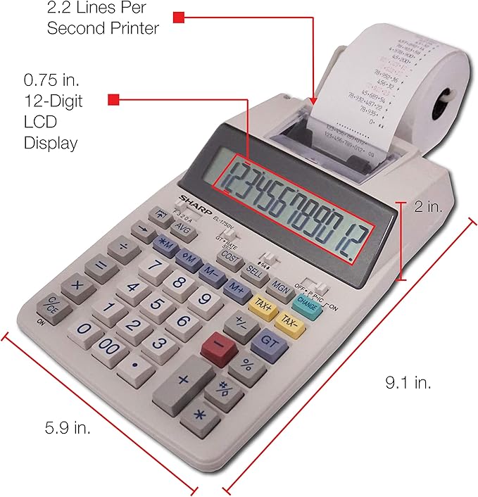 Sharp EL-1750V Two-Color Printing Calculator 2 Lines/Sec 3" Black/Red