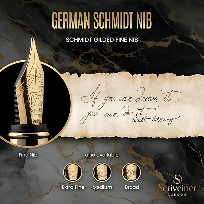 Scriveiner Luxury Fountain Pen - Stunning Black Lacquer Pen, Real Gold Finish, Schmidt Gilded Nib (Fine), Converter, Best Pen Gift Set for Men & Women, Professional, Executive, Office, Nice Pens