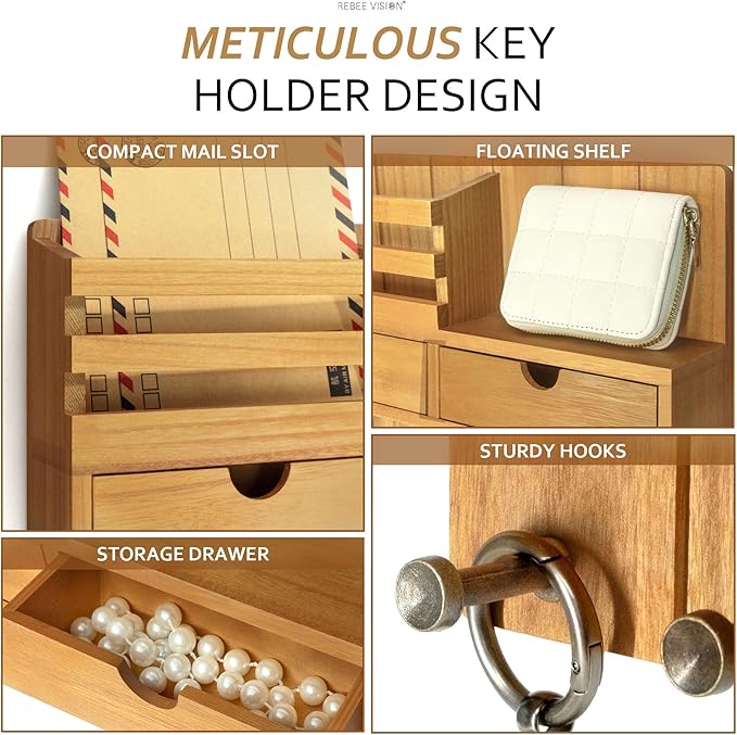 Rebee Vision Modern Farmhouse Key Holder Wall Mount with 2 Drawer Organizer - Mail Holder for Wall with 6 Key Hooks - Ideal for Entryway, Kitchen, and Living Room Decor (Light Brown)
