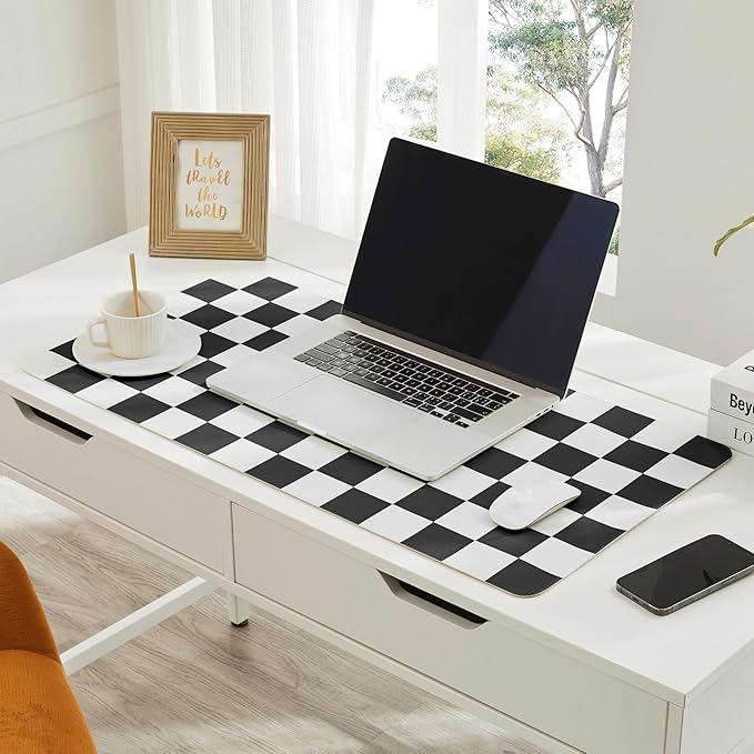 Ohocut Checkered Desk Mat, 31.5" x 15.7" Large Cute Black White Aesthetic Retro Accessoires, PU Leather Computer Laptop Desk Mat Mouse Keyboard Pad, Desk Writing Makeup Mat for Vanity/Work/Home Decor