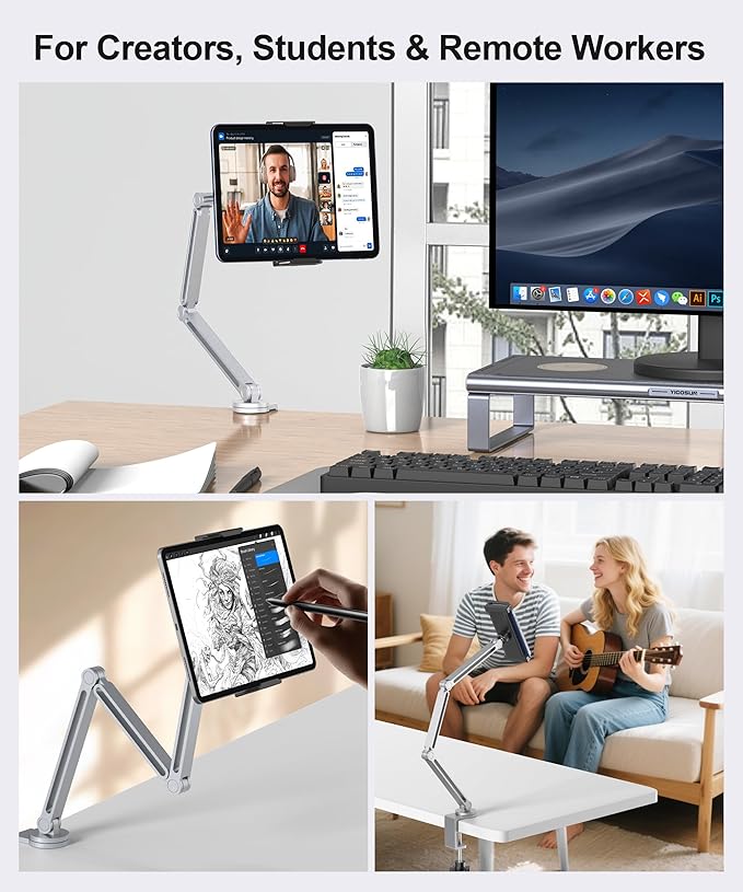 YICOSUN Tablet Arm Mount with Super Grip, Adjustable Foldable Holder & Heavy Duty Aluminum 360° Rotating Clamp for iPad, Phone, Monitor, Kindle - Universal for Desk, Bed, Kitchen - Silver