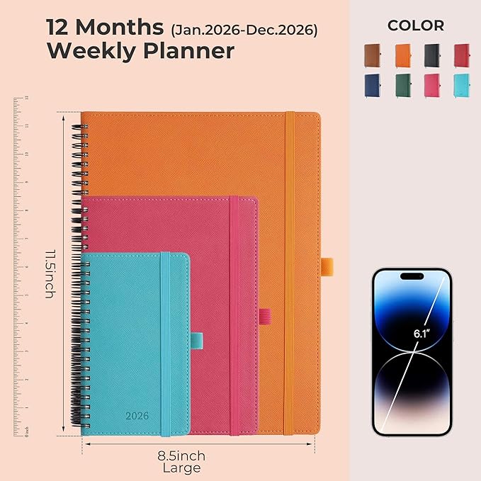 IN-LUXPRO Planner 2026 Daily Weekly and Monthly,11.5"x8.5",12 Months Spiral Bound Calendar Agenda with Self-adhesive Pen Holder,2026 Appointment Book with Vegan Leather Soft Cover,Orange