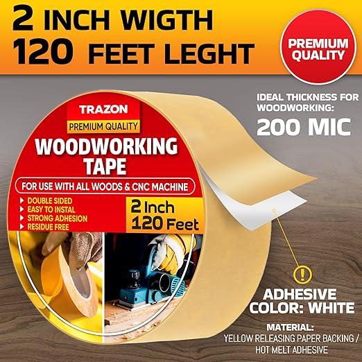 Trazon Double Sided Woodworking Tape Super Strong, 2 Inch x 120 Feet, Wood Crafter Sticky Tool, Two Side Adhesive for Router Templates and CNC Machine, Removable & Residue Free