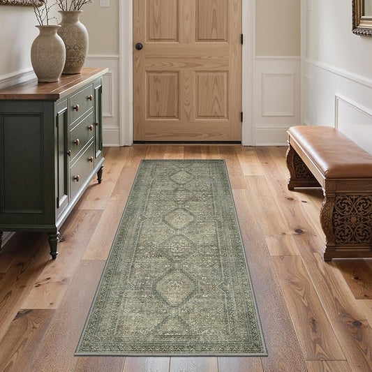 GENIMO Runner Rug 2x5 Non Slip Machine Washable Hallway Runner Rug, Low Pile Lightweight Rugs for Entryway, Hallway, Kitchen and Corridor, Sage/Blue