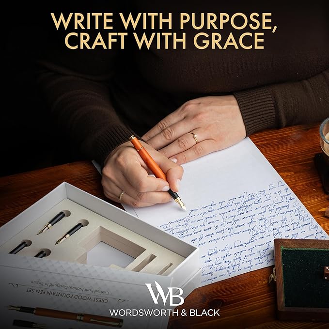 Wordsworth & Black Fountain Pen Gift Set, Includes Ink Bottle, 6 Ink Cartridges, Ink Refill Converter, 4 Replacement Nibs, Luxury Bamboo, Journaling, Calligraphy, Smooth Writing Pens [Cherry Wood]