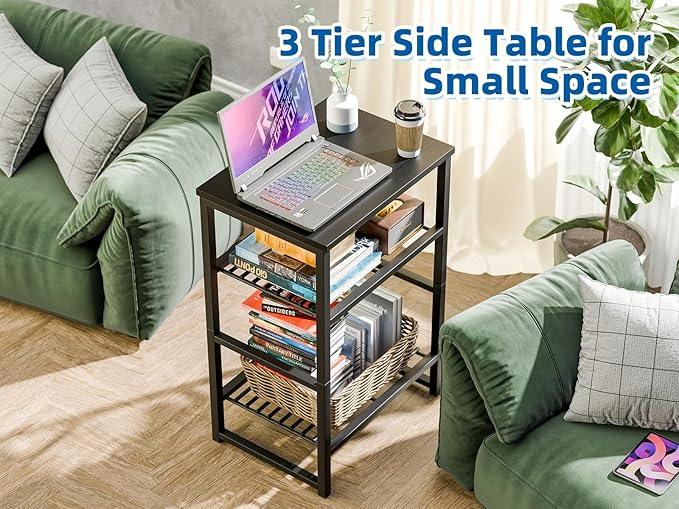 GEORIS 3 Tier Freestanding Printer Stand Shelf for Desk, Black Metal Side Table for Printer, Fax Marchine
