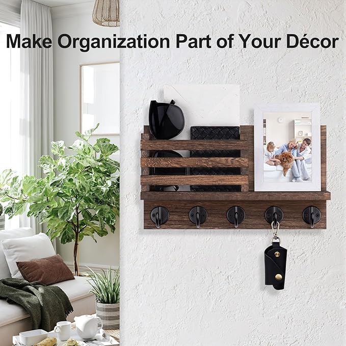 Lwenki Key Holder for Wall – Decorative Wooden Mail Holder and Key Shelf with Mounting Hardware, Installation Guide – Paulownia Wood with 5 Metal Key Hooks (11.8” x 6.7” x 2.8”)