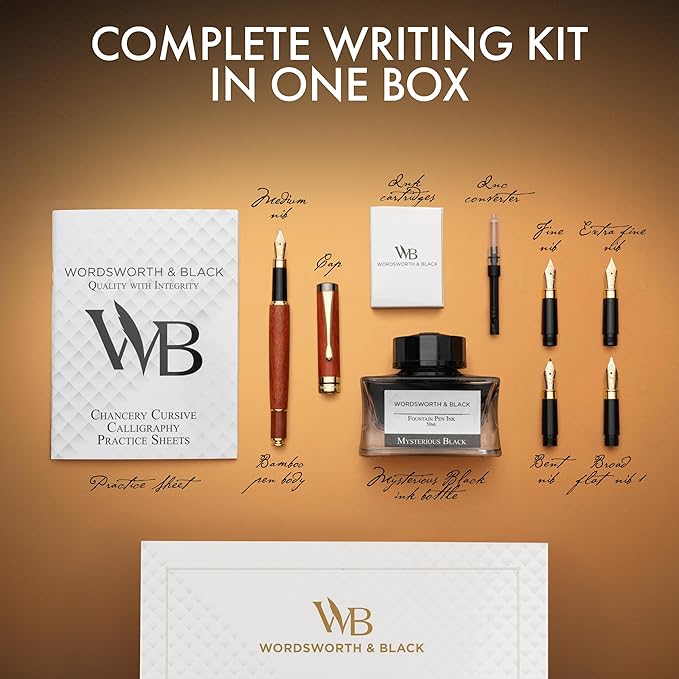 Wordsworth & Black Fountain Pen Gift Set, Includes Ink Bottle, 6 Ink Cartridges, Ink Refill Converter, 4 Replacement Nibs, Luxury Bamboo, Journaling, Calligraphy, Smooth Writing Pens [ Rosewood]