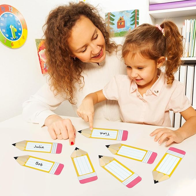 56 Pcs Name Tags for Desk Pencils Classroom Names Label Sticker Back to School Locker Name Tag Plate Colorful Desk Names Tag for Bulletin Board Teacher First Day of School Student Party Decor