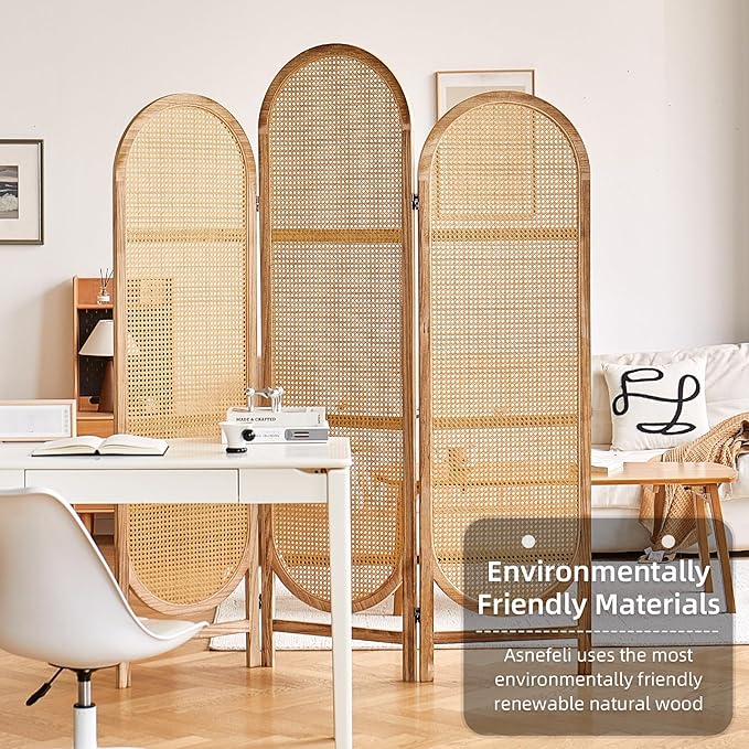 Asnefeli Room Divider 3 Panels, Hand-Woven Rattan Room Divider Wall, Foldable Wood Divider Screen, Creative Divider Wall, Folding Privacy Screens, Unique Design Privacy Divider Panel (Natural)