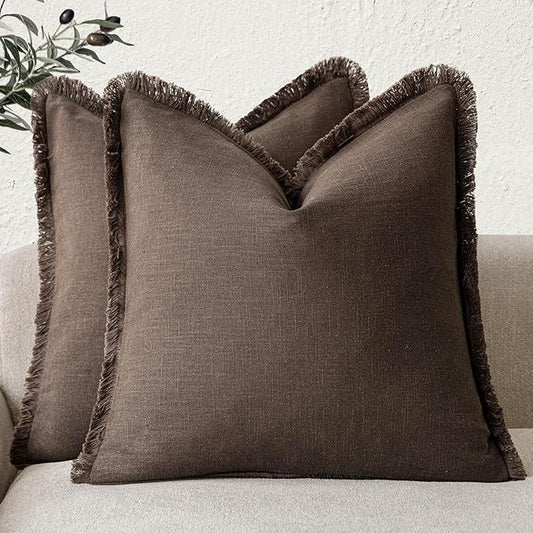 Foindtower Set of 2 Decorative Linen Fringe Throw Pillow Covers Boho Farmhouse Cushion Cover with Tassels Soft Accent Pillowcase for Couch Sofa Bed Living Room Home Decor,18×18 Inch,Reddish Brown
