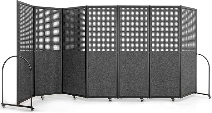 Folding Room Partition,Freestanding Privacy Divider,Portable Office Divider Wall,Commercial Space Partition Screen,Perforated Felt Panel Design,18'5"W x 6'7"H,7 Panel,Dark Grey