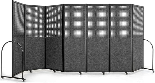 Folding Room Partition,Freestanding Privacy Divider,Portable Office Divider Wall,Commercial Space Partition Screen,Perforated Felt Panel Design,18'5"W x 6'7"H,7 Panel,Dark Grey
