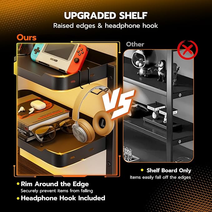 ARES WING 2-Tier Clamp On Desk Shelf, 16 inch Adjustable Above or Under Desk Storage Shelves Holds 44 lbs, Heavy Duty Desktop Organizer with Headphone Holder for Working and Gaming Accessories, Black