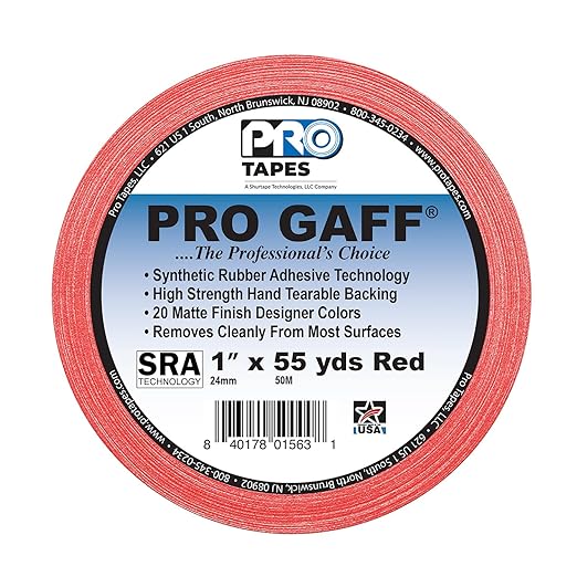 1" Width ProTapes Pro Gaff Premium Matte Cloth Gaffer's Tape With Rubber Adhesive, 11 mils Thick, 55 yds Length, Red (Pack of 1)