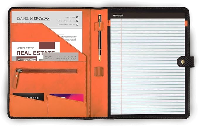 LEATHER VILLAGE Portfolio Professional Organizer– Carbon Fiber Genuine Leather Padfolio Resume Folder for A4 Letter Pad with Pen Holder, Business Card Slots – Ideal for Men & Women- Black Orange