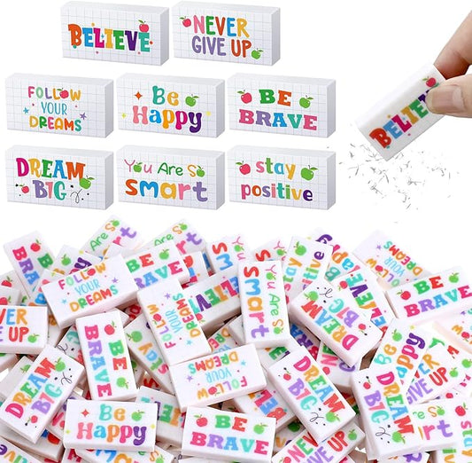 Dunzoom 100 Pcs Inspirational Pencil Erasers Bulk for Kids Fun Motivational Eraser School Supplies Back to School Office Supplies for Classroom Office Teacher Artists (Lovely)
