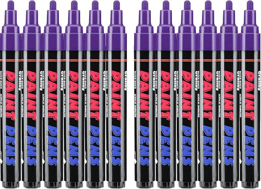 Craiiby Purple Paint Pens Paint Markers - 12 Pack Permanent Quick Dry Waterproof Marker Pens for Rocks Wood Fabric Plastic Canvas Glass Mugs Metal Tire Stone