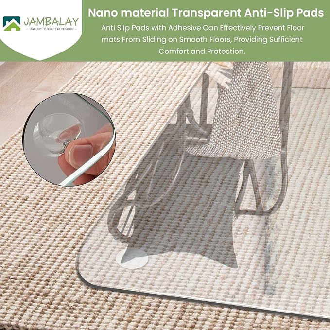 JAMBALAY 55″×46″ Tempered Glass Chair Mat, Heavy Duty Glass Office Floor Mat for Carpets and Wooden Floor, with 12 Anti-Slip Pads, Polished Edges and Round Corners, Easy Roll On, Thick 0.2″