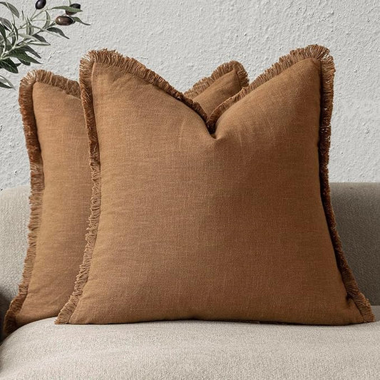 Foindtower Set of 2 Decorative Linen Fringe Throw Pillow Covers Boho Farmhouse Cushion Cover with Tassels Soft Accent Pillowcase for Couch Sofa Bed Living Room Home Decor,24×24 Inch,Orange Brown