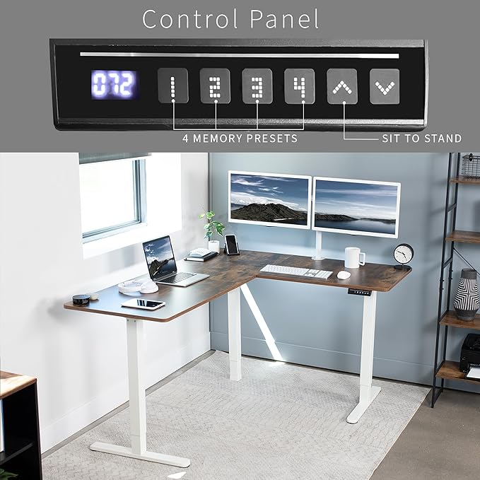 VIVO Electric Corner 63 x 55 inch L-Shaped Standing Desk, Memory Height Adjustment, Rustic Vintage Brown Top White Frame, DESK-E3CTWN