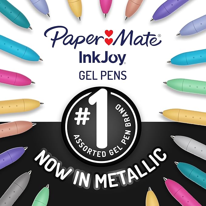 Paper Mate InkJoy Gel Pens, Metallic, Retractable, Medium Point (0.8mm), Glittery Assorted Colors, 10 Count - Perfect for Writing, Doodling, Bullet Journaling, Glitter, Sparkle, Writing Fun