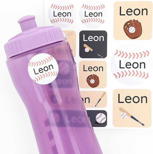 Large Name Labels for Kids (33) - Custom Stickers for Daycare and School Supplies - Durable, Waterproof Stickers for Water Bottles, Lunch Boxes, and More with Unique Designs - Baseball