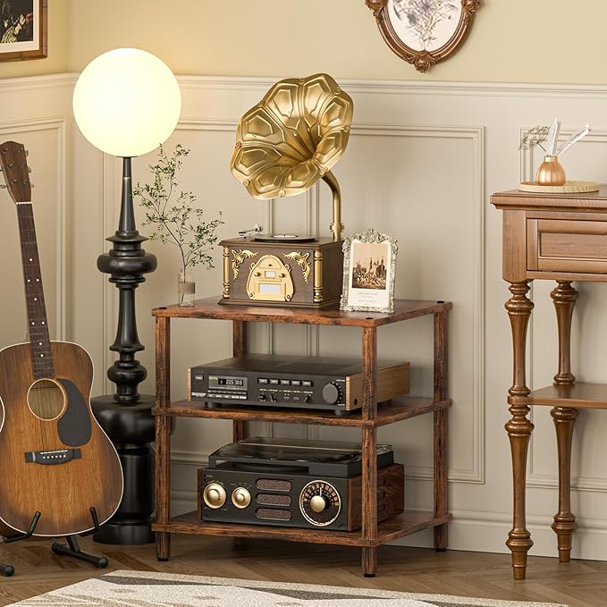 LELELINKY 3-Tier AV Media Player Stand Set of 2, Brown Stereo Cabinet, Wooden TV Stand,Game Console Shelf, Multifunctional Entertainment Center, Suitable for Home, Conference Room, Game Studio