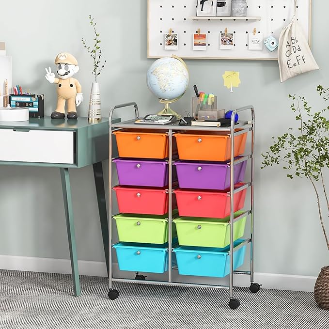 LDAILY 10 Drawer Rolling Cart, Storage Cart Organizer on Wheels, Drawer Cart with Metal Frame & Large Storage Capacity, Rolling Cart with Drawers for Living Room Classroom, Office