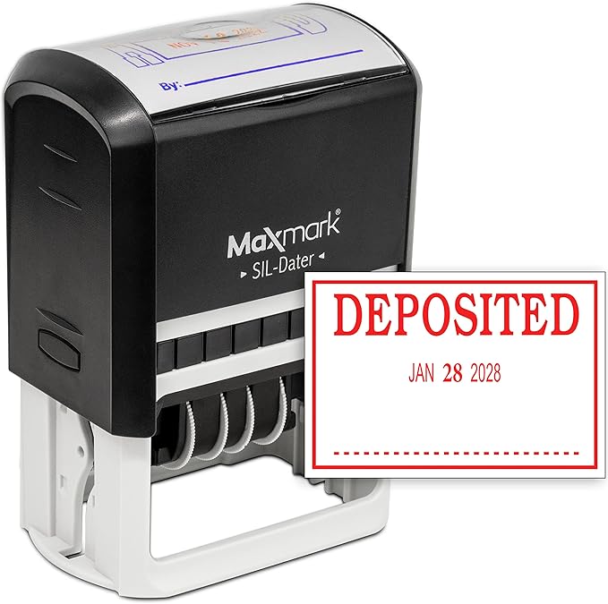 MaxMark Large Self-Inking Rubber Date Office Stamp with Deposited Phrase & Date - Red Ink, 12-Year Band - Style 3