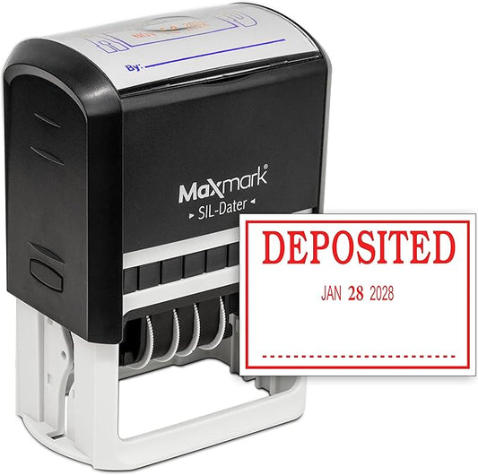 MaxMark Large Self-Inking Rubber Date Office Stamp with Deposited Phrase & Date - Red Ink, 12-Year Band - Style 3