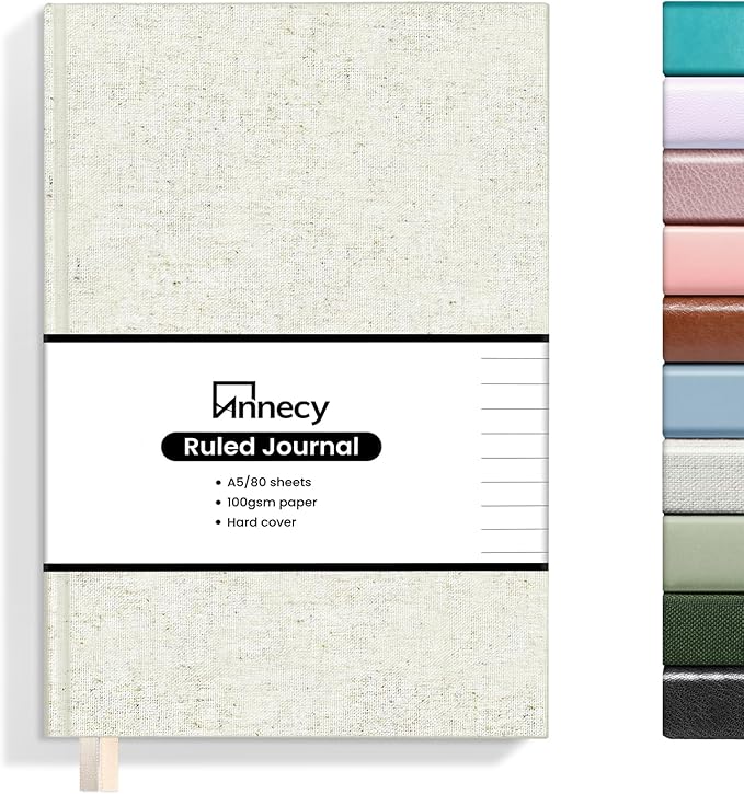 Annecy Lined Journal Notebook, Hardcover Leather Journal for Women & Men, 160 Numbered Pages, Medium 5.5" x 8.25", 100 GSM Thick Paper, Beige