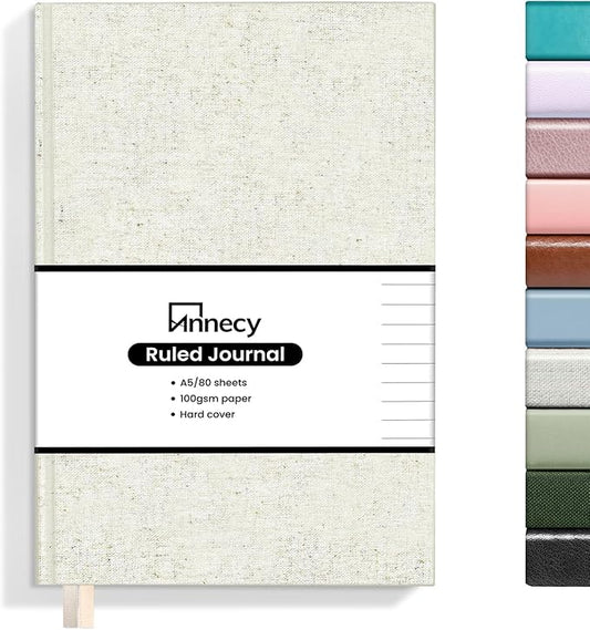 Annecy Lined Journal Notebook, Hardcover Leather Journal for Women & Men, 160 Numbered Pages, Medium 5.5" x 8.25", 100 GSM Thick Paper, Beige