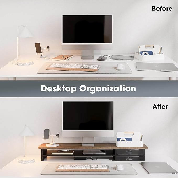 Fenge Monitor Stand, Dual Monitor Riser, 42.5inch Large Desk Computer Monitor Stand Riser with Drawer, 2 Tier Wood & Acrylic Desktop Organizer for Computer, Laptop, Printer, TV Screen Riser