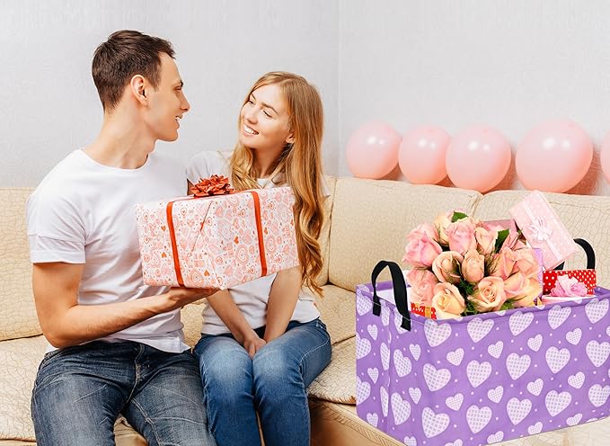 FUULOXE Rectangular Valentines Basket Storage Bin for Shelves Girls Gifts Baskets Foldable Box with Handles for Home Office Car Dormroom Valentine's Day Party Supplies