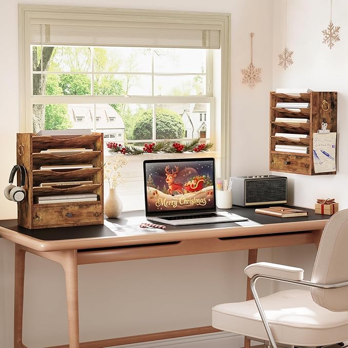 HOOBRO Wall File Organizer, Mail Organizer Wall Mounted, Wooden Literature Organizer, Construction Paper Organizer with Drawer Storage and 2 Hooks, for Office, Classroom, Home, Rustic Brown FG14WF01