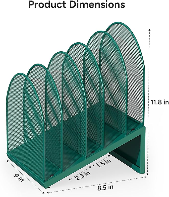 OUTIOE 5-Section Desk File Organizer, Metal Mesh Folder Organizer for Documents, Mail & Office Papers (Green)