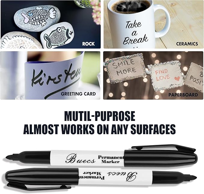 Buecs Permanent Markers, 128 Count Black Permanent Markers, Fine Point, Waterproof & Smear Proof Markers, Quick Drying, Office Supplies for School, Office, Home