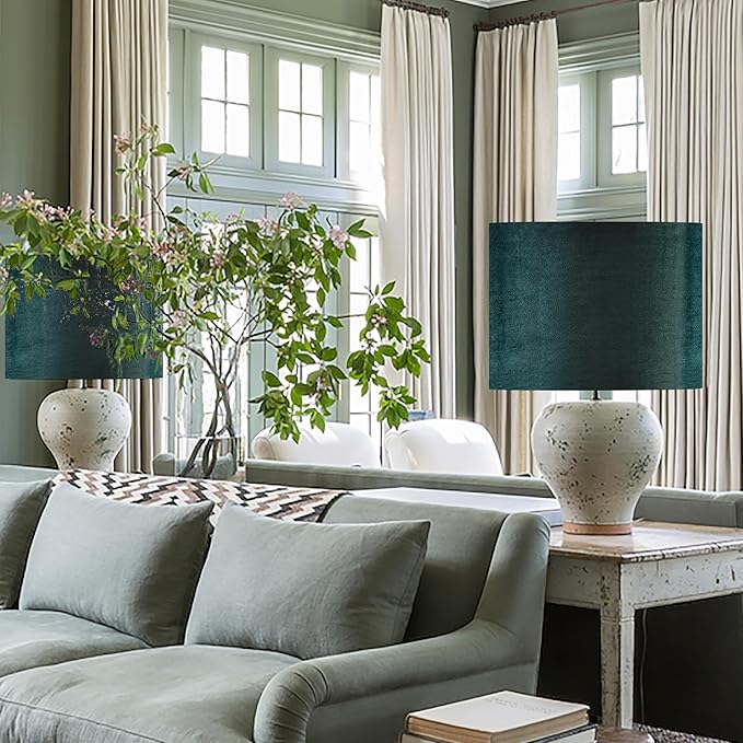 Green Velvet Lampshades Set of 1 Large Drum Lamp Shade 16" Top x 16" Bottom x 12" High (Spider) Modern Lamp Shade - Ideal for Table & Floor Lamps - Lampshades Replacement - By GO&SO