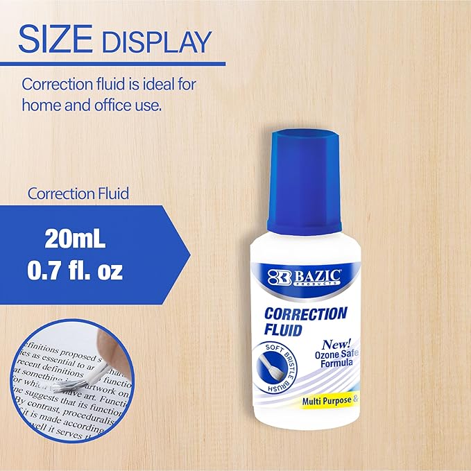 BAZIC Products Correction Fluid (0.7 oz / 20 ml), Soft Bristle Brush Applicator, Instant Corrections Pen White Out Wipe Out Liquid (2/Pack), 2-Packs