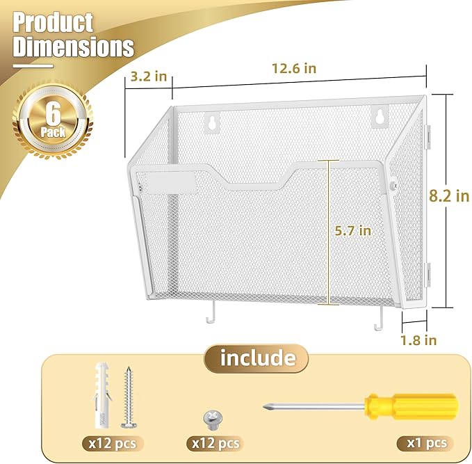 Docnest 6 Pack Hanging Wall File Holders, Mesh Wall Letter File Holder, Wall Mounted Mail Paper Document Folder Holder with Hooks for Office, Home, School, White