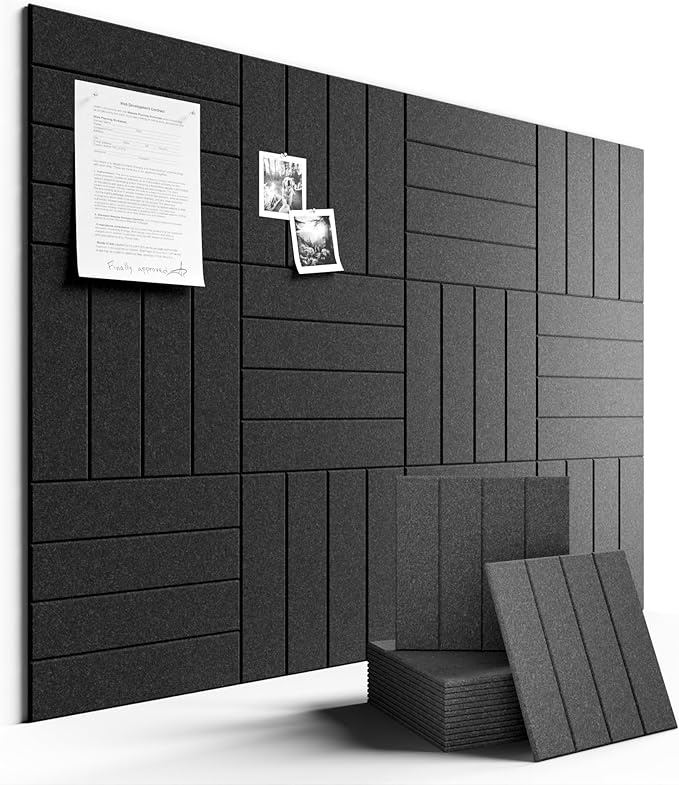 Fluxynara Felt Bulletin Board Tiles Large 48"x36"Cork Board Alternative-12 Pack with 70 Adhesive Tabs, Thick Slat Wall Panels for Office Decor, Push Pin Board Wall Organizer Alternative-Charcoal Gray