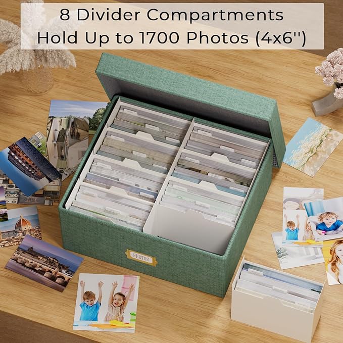 Decorative Photo Storage Box - 2 Pack Linen Photo Box Organizer with Dividers, Fits Holds Up to 1700 Pictures and 4x6 Photos, Memory Keepsake Organizer for Scrapbook Supplies, Cards, Stamps (Green)