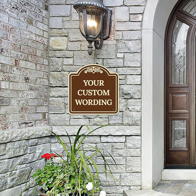 Custom Decorative Sign, Personalized Metal Sign for Business, Driveway, Home, Airbnb, Office Door Plaque, Brown Background Sign, 18x18 Inches, ACM, Fade Resistant, Made in USA by Sigo Signs