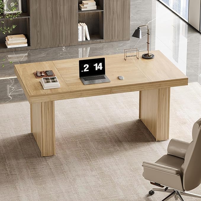 Tribesigns 63" Executive Desk, Modern Executive Office Desk with Thickened Desktop and Heavy-Duty Legs, Wood Writing Workstation Study Table Conference Table for Office, Natural