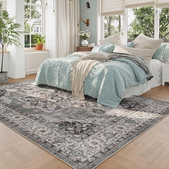 Rugcomf Vintage Medallion Living Room Rug 5'x7' - Machine Washable Area Rug, Non-Slip Low Pile Boho Carpet for Bedroom, Dining Room, Farmhouse, Office, Kids Playroom - Grey and White