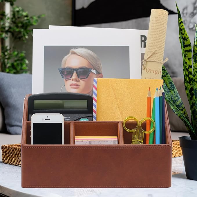 Boershun Desk Organizer, Mail Organizer Countertop, Bills Organizer, Mail Sorters, Magazine Holder, Desk Organizer and Accessories for Office Supplies, Brown Leather