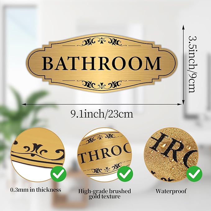 Bathroom Sign Sticker for Business and Home，Self-adhesive Brushed Gold Bathroom Decor for Door，Waterproof Vinyl Restroom Sign for House, Office, Shop
